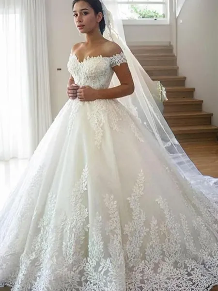Ball-Gown Princess Off-the-Shoulder Sleeveless Sweep Train Tulle Fairy-tale Wedding Dress With Lace