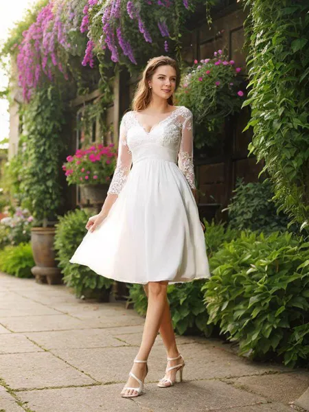 A-line V-Neck 3/4 Sleeves Beautiful Knee-Length Chiffon Wedding Dress