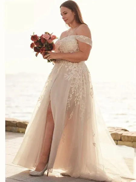 A-line Princess Off-the-Shoulder Timeless Sleeveless Sweep Train Tulle Wedding Dress With Slit