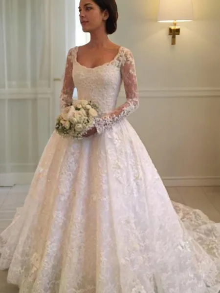 Ball-Gown Scoop Long Sleeves Cathedral Train Cute Lace Wedding Dress With Ruffles