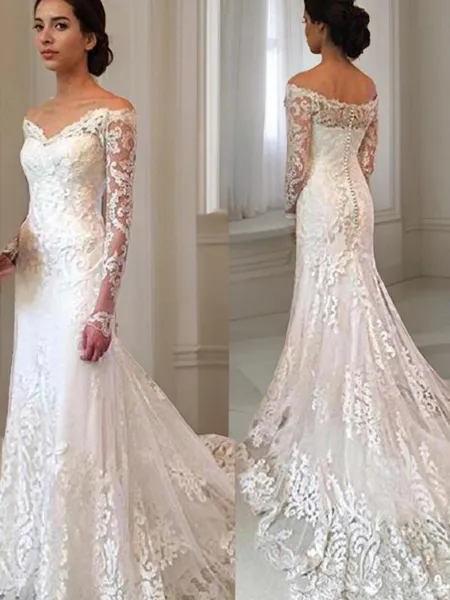 Flattering Trumpet/Mermaid Off-the-Shoulder Long Sleeves Court Train Lace Wedding Dress With Applique