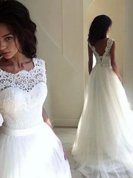 A-line Princess Charming Bateau Sleeveless Sweep Train Tulle Wedding Dress With Sash