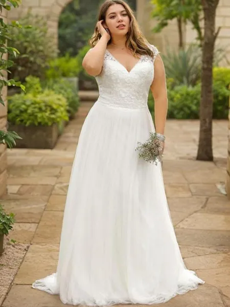 A-line Princess V-Neck Short Sleeves Sweep Train Perfect Tulle Wedding Dress With Applique