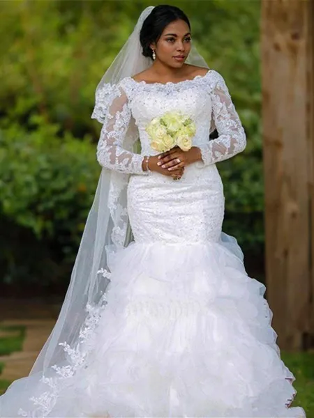 Ball-Gown Princess Scoop Long Sleeves Chapel Train Tulle Glam Wedding Dress With Applique