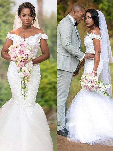 Trumpet/Mermaid Off-the-Shoulder Sleeveless Sweep Train Tulle Dramatic Wedding Dress With Applique