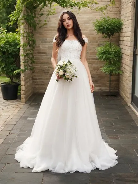 A-line Princess Off-the-Shoulder Sleeveless Chapel Train Charming Tulle Wedding Dress With Applique