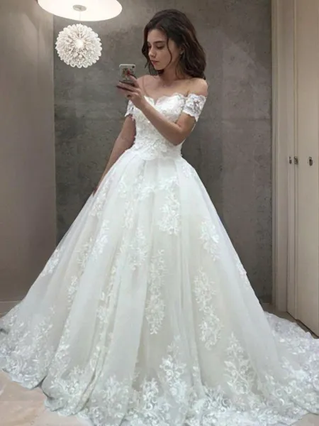 A-line Princess Off-the-Shoulder Sleeveless Modest Sweep Train Tulle Wedding Dress With Applique