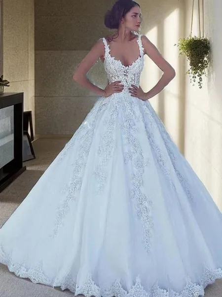 Ball-Gown Princess Spaghetti Straps Sleeveless Sweep Train Romantic Tulle Wedding Dress With Applique