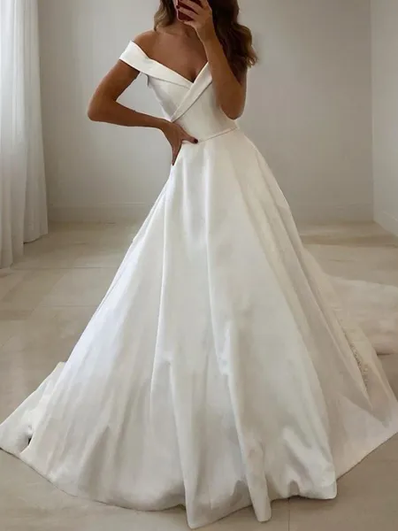 Balanced A-line Off-the-Shoulder Sleeveless Sweep Train Satin Wedding Dress With Ruffles