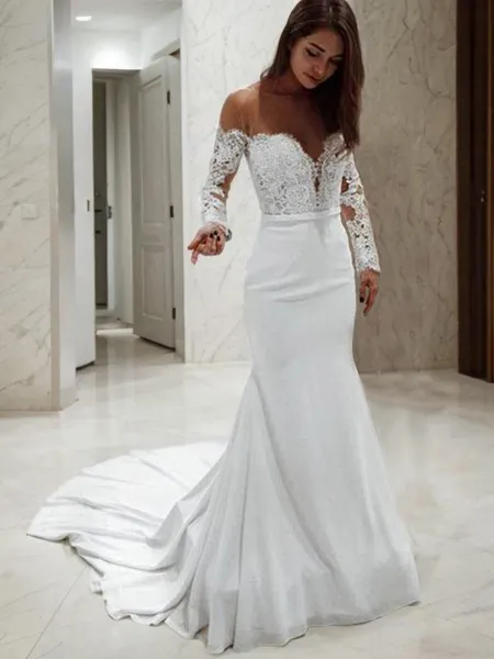 Trumpet/Mermaid Enchanting Off-the-Shoulder Long Sleeves Court Train Chiffon Wedding Dress With Lace