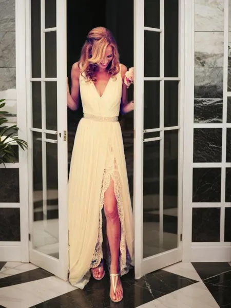 A-line V-Neck Sleeveless...