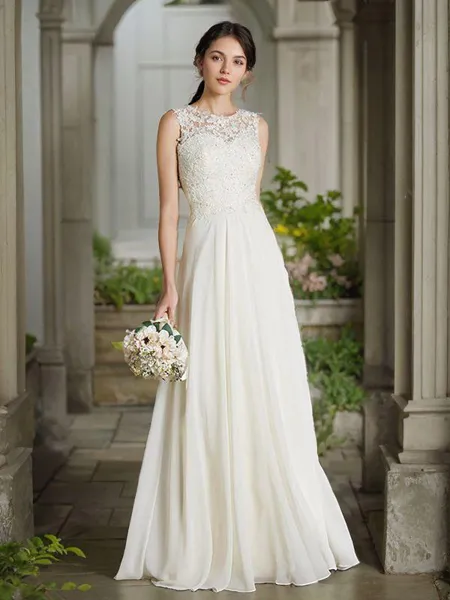 A-line Scoop Sleeveless Floor-Length Charming Chiffon Wedding Dress