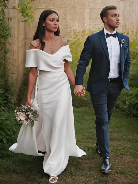 Sheath/Column Off-the-Shoulder Short Sleeves Sweep Train Sultry Charmeuse Wedding Dress