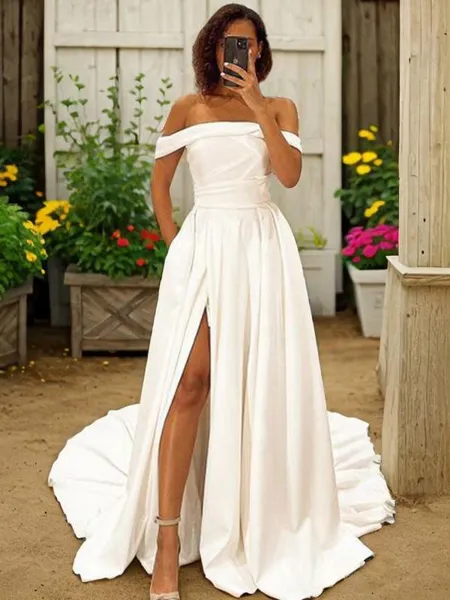 A-line Off-the-Shoulder Sleeveless Sweep Train Stretch Crepe Stunning Wedding Dress With Slit