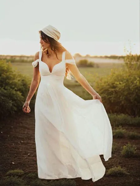 A-line Perfect V-Neck Short Sleeves Floor-Length Chiffon Wedding Dress With Ruffles