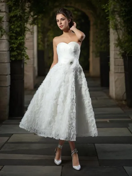 A-line Unique Sweetheart Sleeveless Tea-Length Lace Wedding Dress With Bowknot
