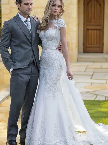 Trumpet/Mermaid Bateau Short Sleeves Sweep Train Dramatic Tulle Wedding Dress With Sash