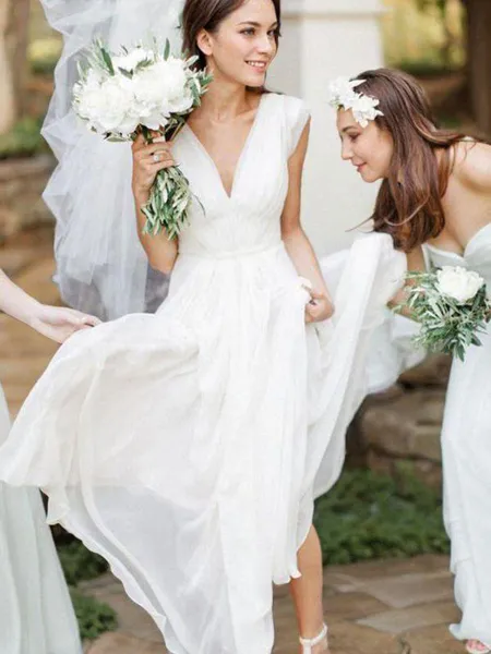 A-line V-Neck Sleeveless...