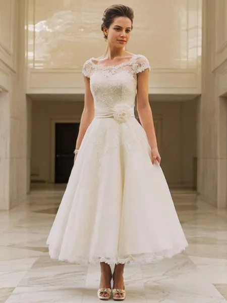 A-line Princess Scoop Short Sleeves Tea-Length Charming Tulle Wedding Dress