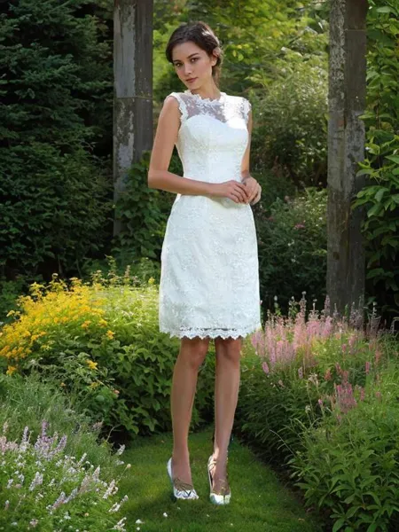 A-line Sheer Neck Sleeveless Knee-Length Glam Satin Wedding Dress With Applique