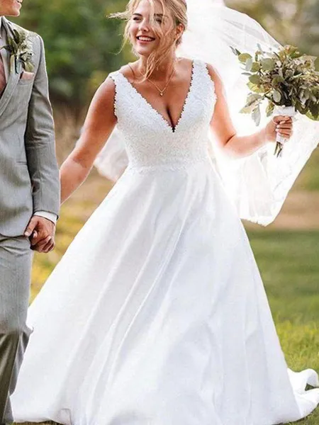 A-line V-Neck Sleeveless Sweep Train Satin Delicate Wedding Dress With Applique