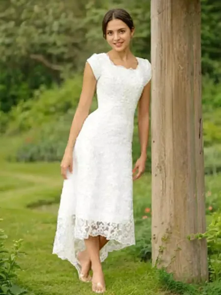 A-line Scoop Chic Short Sleeves Asymmetrical Lace Wedding Dress