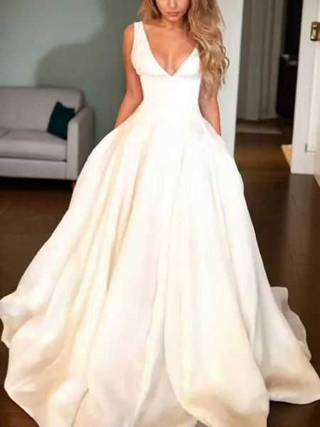 A-line V-Neck Sleeveless Sweep Train Classy Satin Wedding Dress With Ruffles