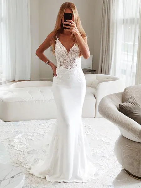 Trumpet/Mermaid V-Neck Sleeveless Cathedral Train Open Back Stretch Crepe Graceful Wedding Dress