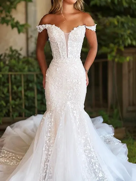 Trumpet/Mermaid Off-the-Shoulder Sleeveless Sophisticated Cathedral Train Tulle Wedding Dress