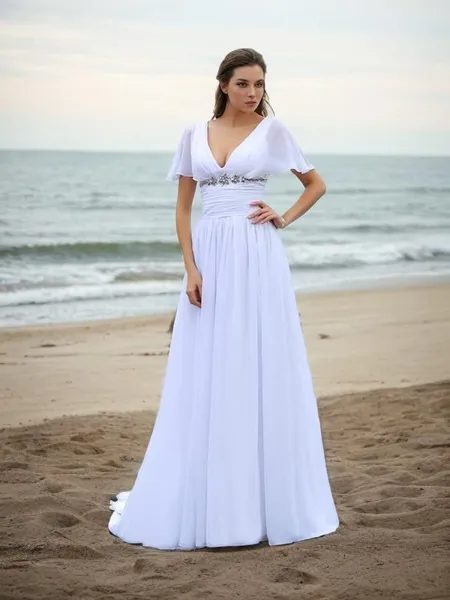 A-line V-Neck Modest Short Sleeves Sweep Train Chiffon Wedding Dress With Ruffles