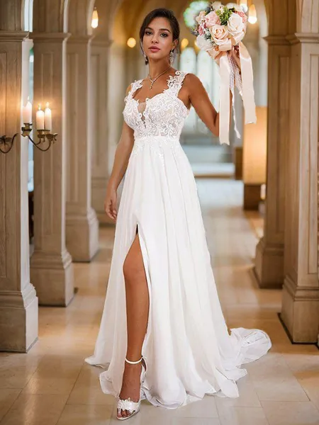 A-line Straps Sleeveless Sweep Train Subtle Chiffon Wedding Dresses