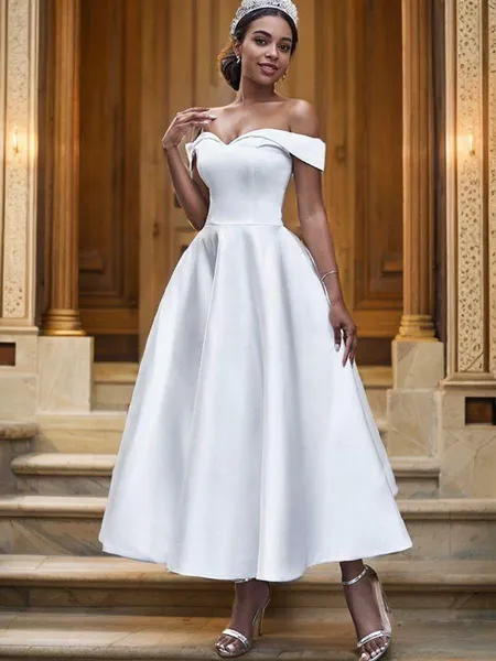 A-line Off-the-Shoulder Sleeveless Classic Ankle-Length Satin Wedding Dresses