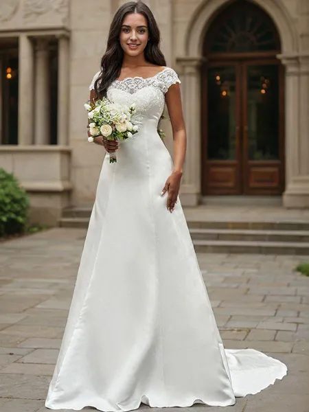 A-line Scoop Sleeveless Trendy Chapel Train Satin Wedding Dresses
