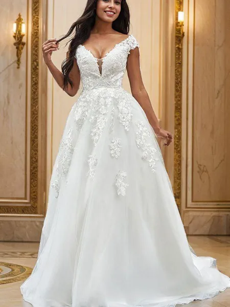 A-line V-Neck Sleeveless Sweep Train Glam Tulle Wedding Dresses