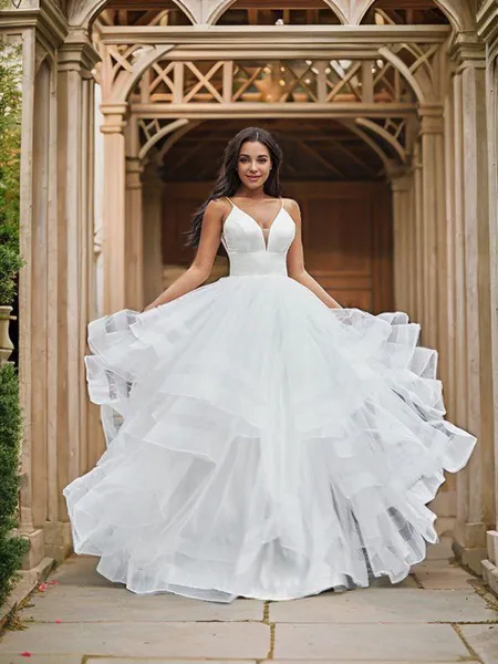 A-line V-Neck Sleeveless Delicate Floor-Length Tulle Wedding Dresses
