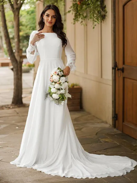 A-line Scoop Stylish Long Sleeves Court Train Chiffon Wedding Dresses