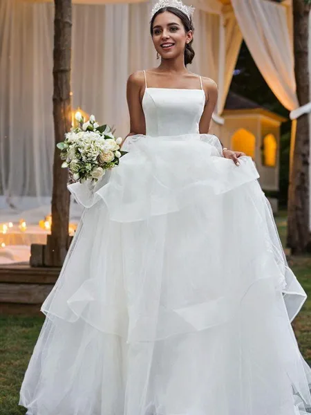 A-line Graceful Spaghetti Straps Sleeveless Sweep Train Tulle Wedding Dresses