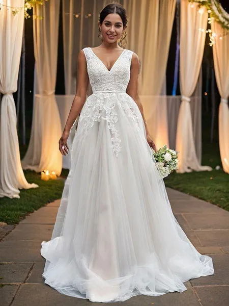 A-line V-Neck Sleeveless Sweep Train Exquisite Tulle Wedding Dresses