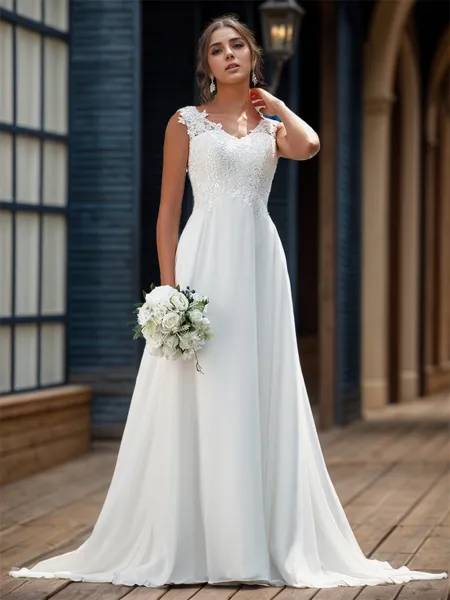 A-line Stunning V-neck Sweep Train Chiffon Wedding Dress With Appliques Lace
