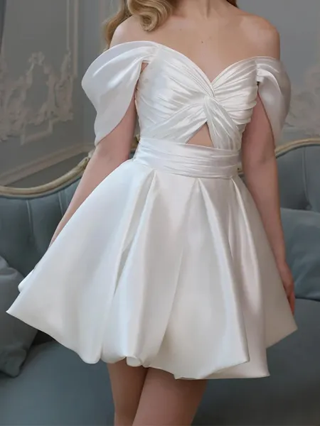 Fashion A-line Off-the-Shoulder Pleated Short/Mini Silk like Satin Wedding Dress