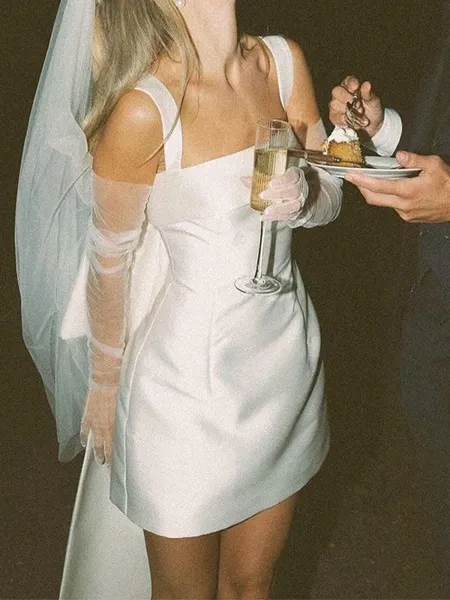 Glamorous Sheath Straps Bow Short/Mini Satin Wedding Dress