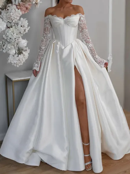Stunning A-Line Off-the-Shoulder Long Sleeves Appliques Lace Floor-Length Satin Corset Wedding Dress