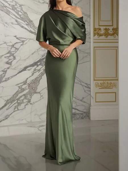 Sheath/Column One-Shoulder Resplendent 1/2 Sleeves Floor-Length Silk like Satin Mother of the Bride Dress