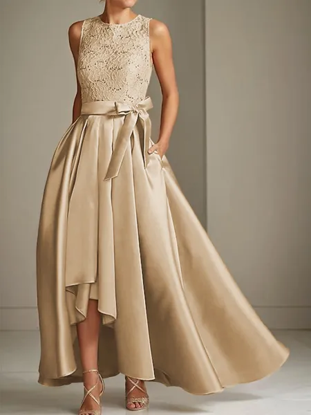 A-line Tasteful Scoop Sleeveless Asymmetrical Satin Mother of the Bride Dress