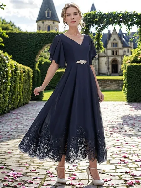 A-line Unique V-neck Short...