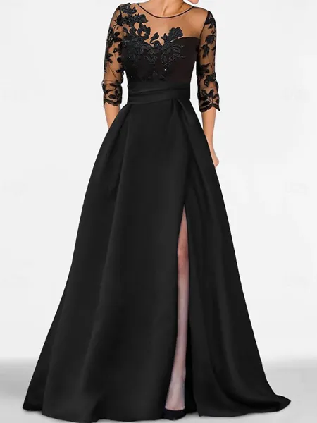 Opulent A-line Scoop 3/4 Sleeves Appliques Lace Floor-Length Satin Mother of the Bride Dress