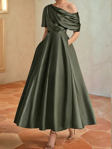 Hot A-line Short Sleeves Pleated Ankle-Length Silk like Satin Mother of the Bride Dress
