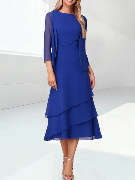 Refined A-line Scoop Cascading Ruffles Tea-Length Chiffon Mother of the Bride Dress