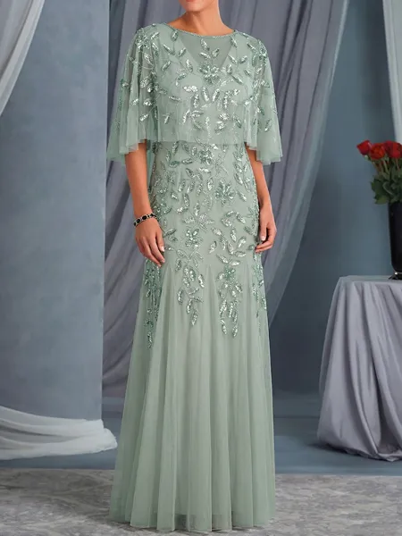 Elegant Sheath Scoop Appliques Lace Floor-Length Tulle Mother of the Bride Dress