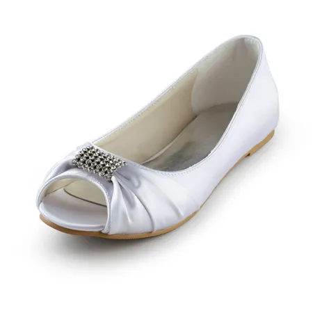 Women's Satin Flat Heel Peep Toe Sandals White Wedding Shoes With Rhinestone
